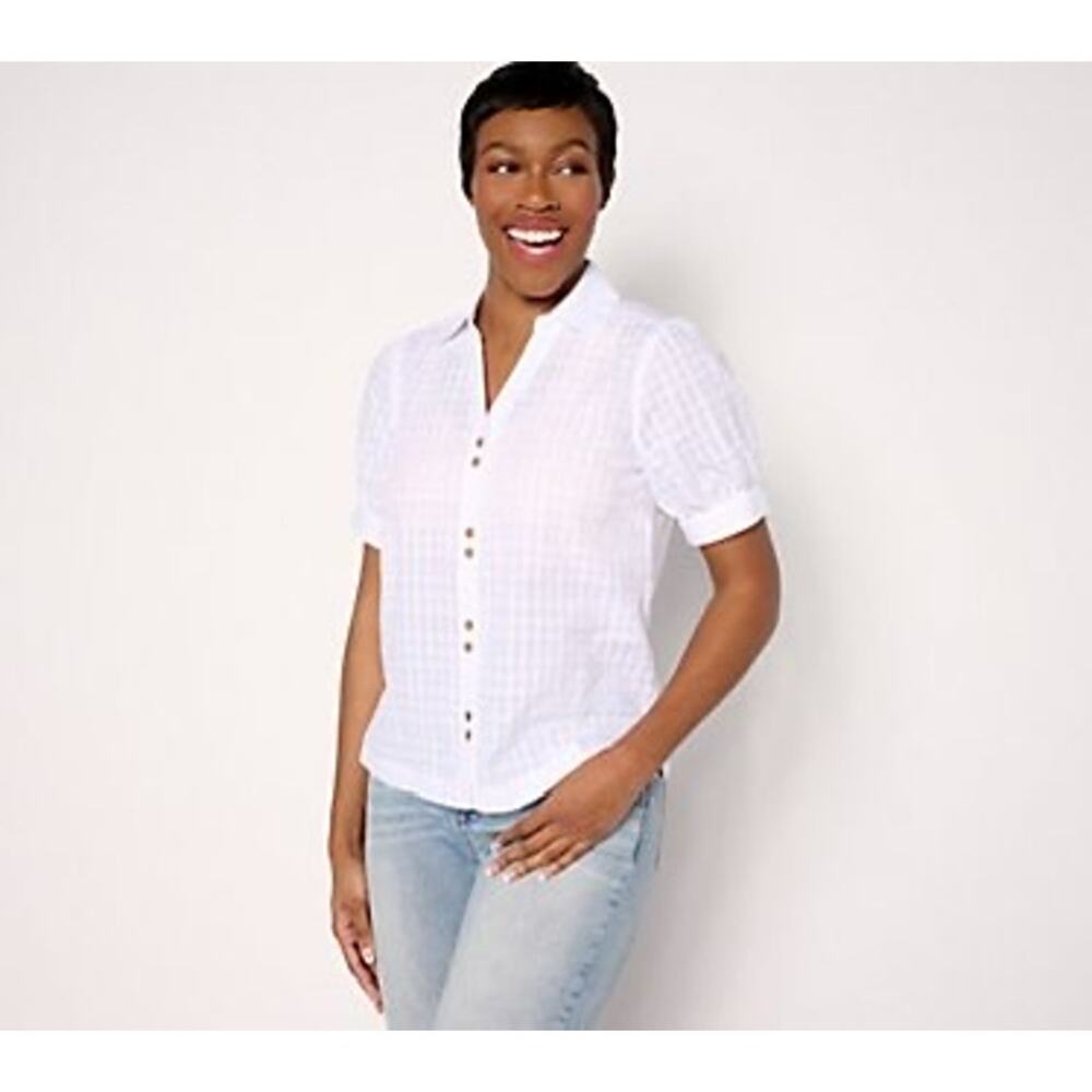 AnyBody Short Puff Sleeve Button Front Woven Shirt